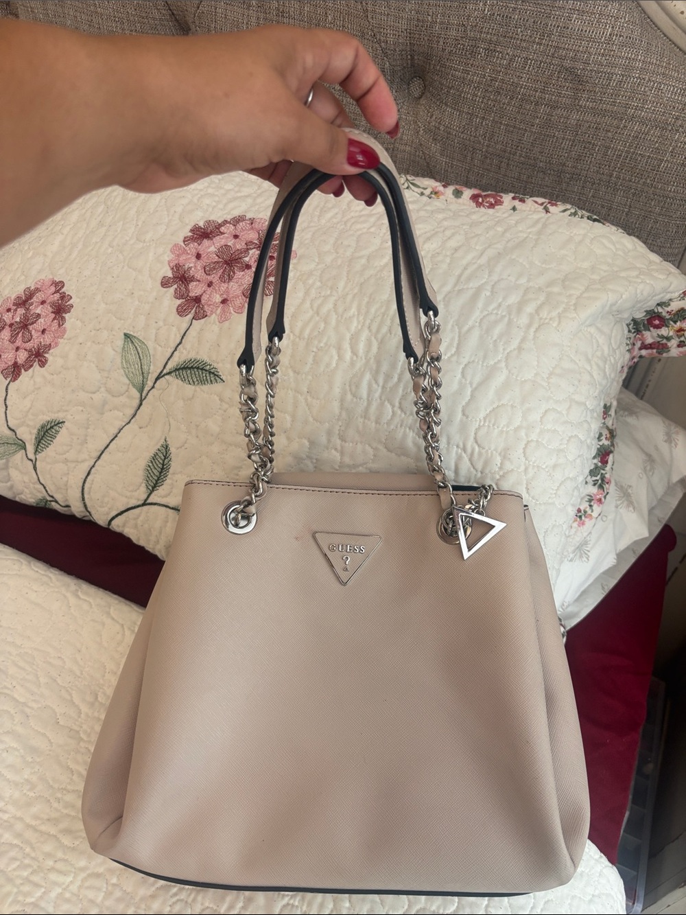 GUESS Blush Beige Shoulder Bag with Silver Chain Handles